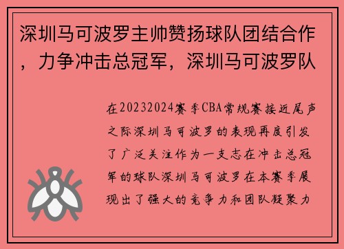 深圳马可波罗主帅赞扬球队团结合作，力争冲击总冠军，深圳马可波罗队百度百科