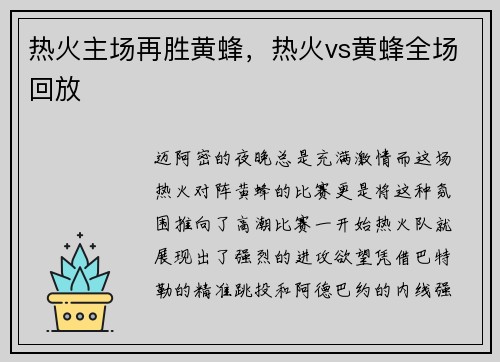 热火主场再胜黄蜂，热火vs黄蜂全场回放