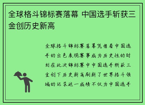 全球格斗锦标赛落幕 中国选手斩获三金创历史新高