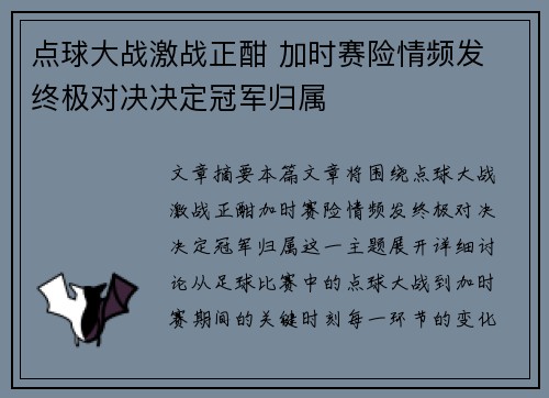 点球大战激战正酣 加时赛险情频发 终极对决决定冠军归属
